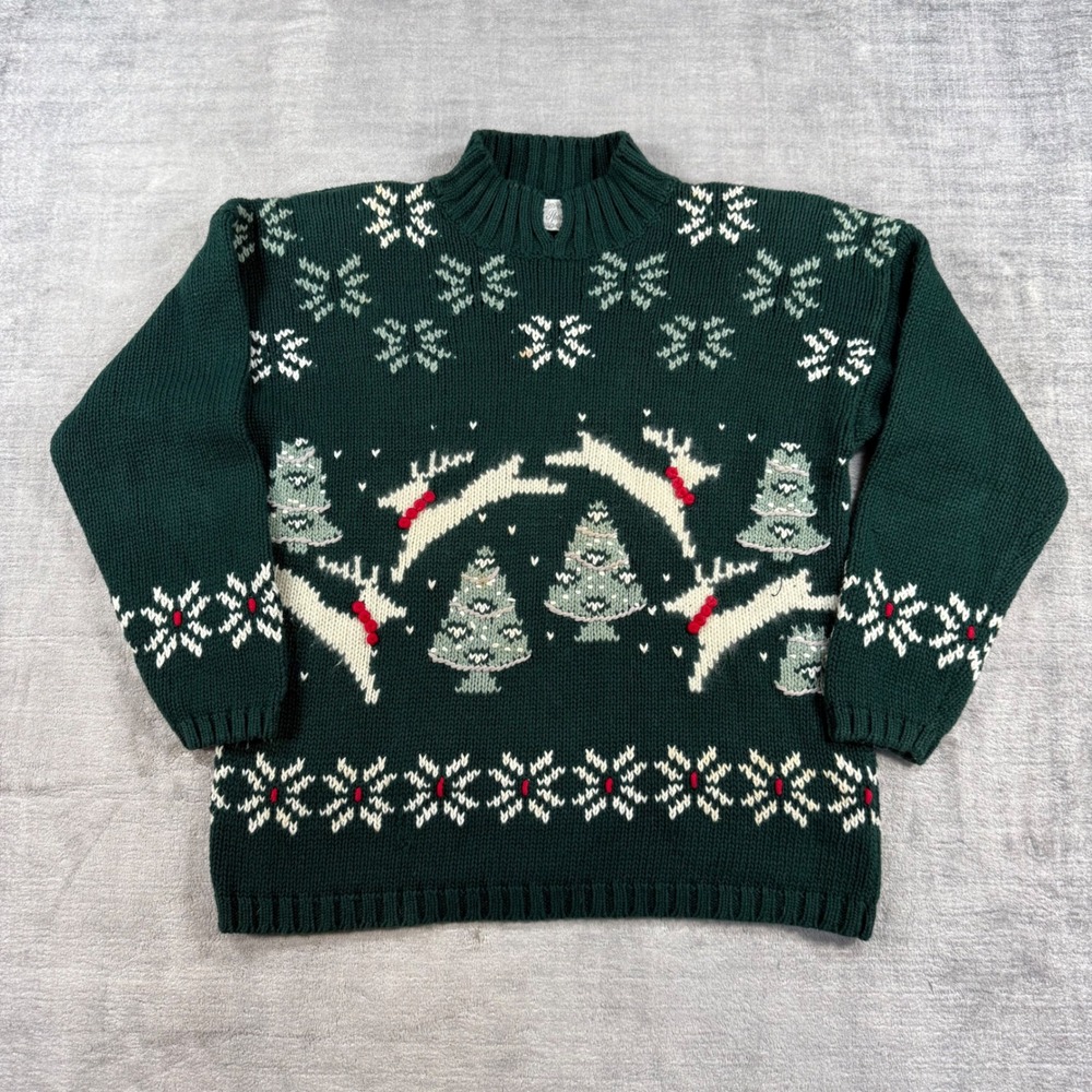 Paris Sport Club Sweater Womens Small Green Vintage Reindeer Christmas Hand Knit